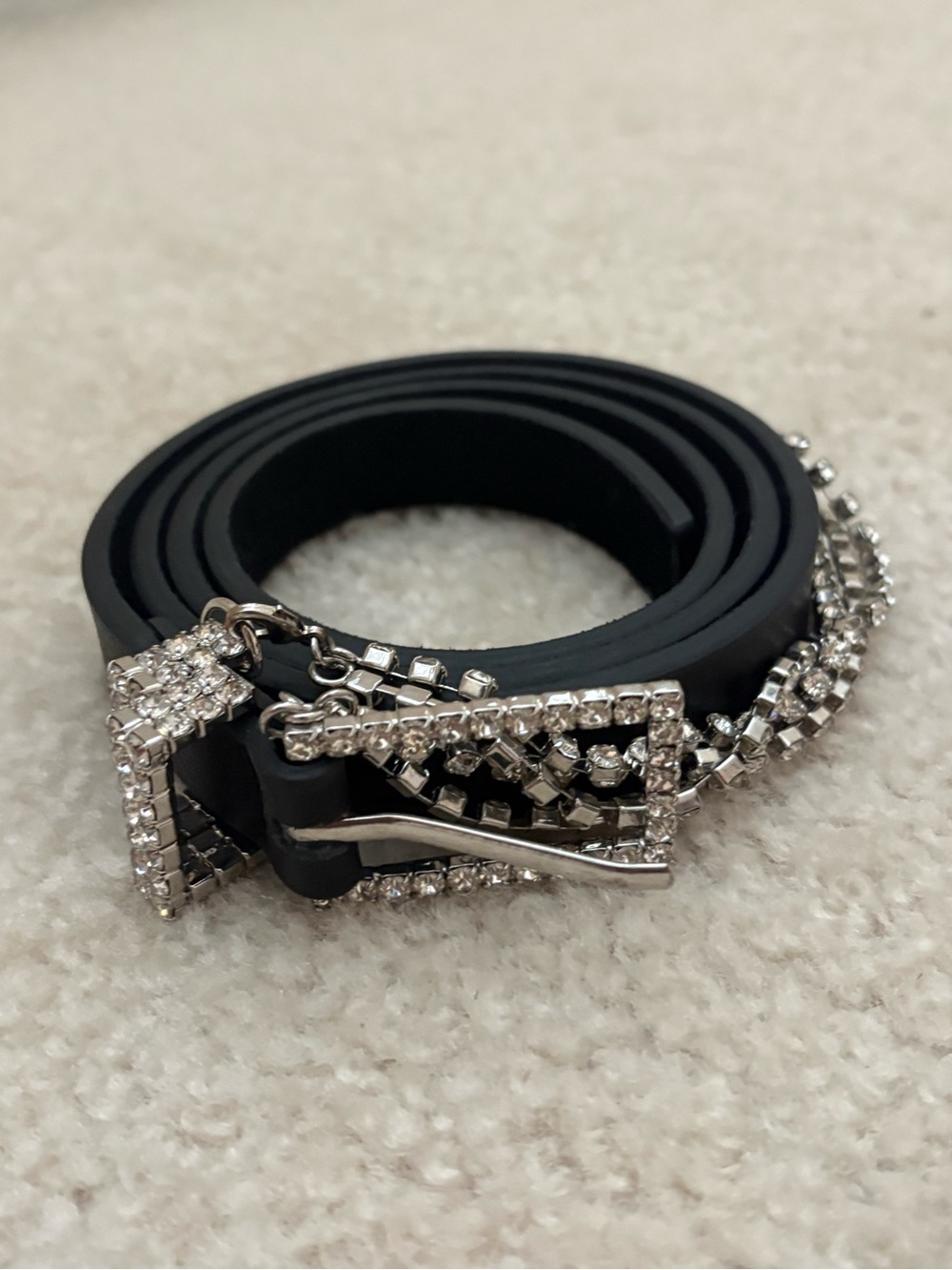 B-Low the Belt Black Leather Belt with Rhinestone Buckle and Crystal Tassel